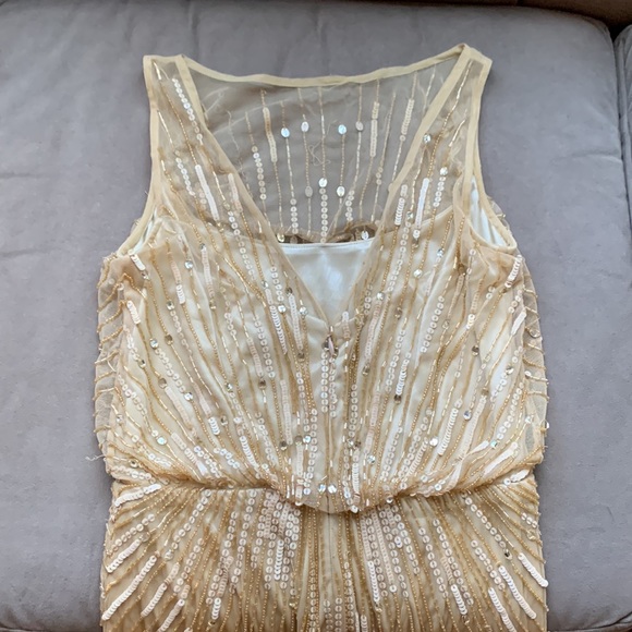 Aidan Mattox Champagne Gold Sunburst Illusion Neckline Gown Dress - Picture 11 of 14